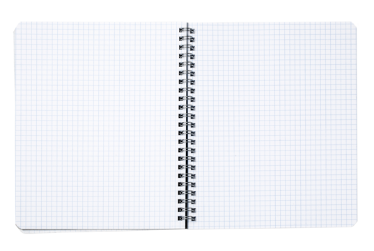 Open spiral notebook with squared paper on transparent background