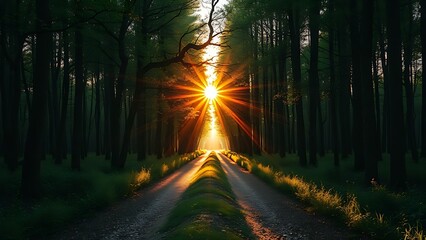 A peaceful forest path dividing into two routes, bathed in golden sunlight through the trees.