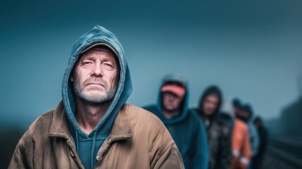 Fototapeta premium Resilient Hooded Man Portrait: Hardship and Hope in a Cold World