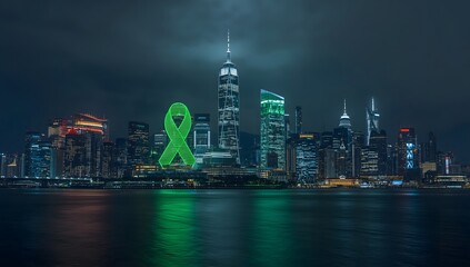 Obraz premium Night City Skyline with Green Light Skyscrapers Forming Mental Health Awareness Ribbon and River Reflections