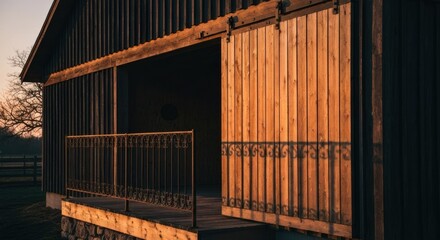 Wooden barn exterior, sunset hues, open door