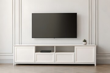 Fototapeta premium Modern Flat Screen TV on White Media Console in Minimalist Room