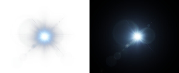 Bright blue light flare with starburst effect on dark background, glowing sun flash with lens reflection. PNG illustration, sparkle, magic light, Cinematic