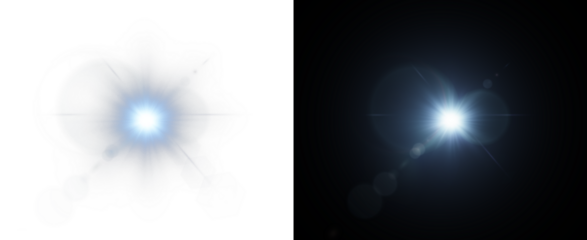 Bright blue light flare with starburst effect on dark background, glowing sun flash with lens reflection. PNG illustration, sparkle, magic light, Cinematic