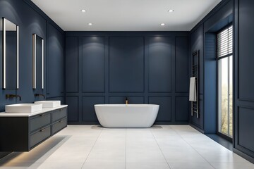 Fototapeta premium Modern Luxury Bathroom with Dark Blue Walls and Freestanding Tub