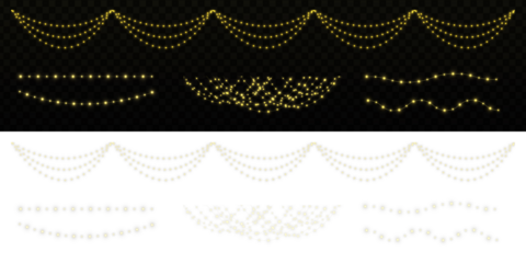 White glowing Christmas light garlands isolated on transparent background. Festive LED string lights for holiday, party, and decorative design. Set garlands PNG