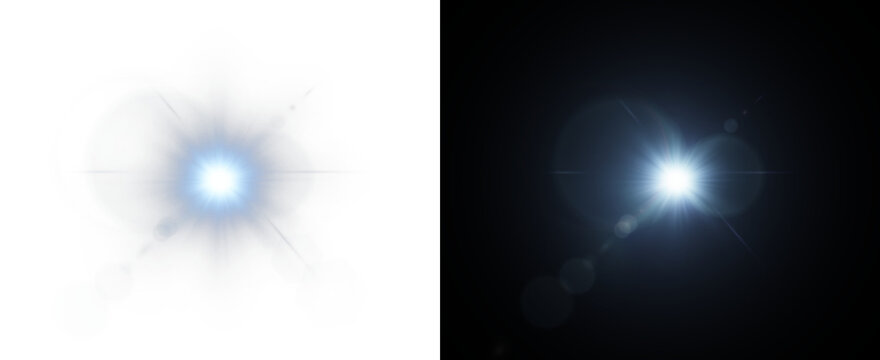 Bright blue light flare with starburst effect on dark background, glowing sun flash with lens reflection. PNG illustration, sparkle, magic light