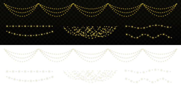 White glowing Christmas light garlands isolated on transparent background. Festive LED string lights for holiday, party, and decorative design. Set garlands PNG