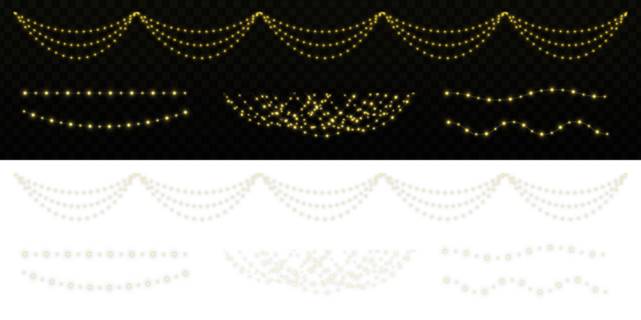 White glowing Christmas light garlands isolated on transparent background. Festive LED string lights for holiday, party, and decorative design. Set garlands PNG - Powered by Adobe