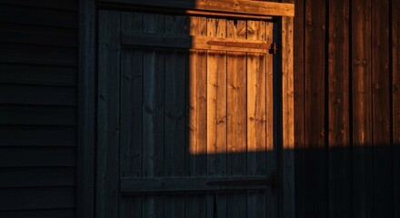 Wooden door in a rustic setting at sunset, a strong shadow highlighting its texture