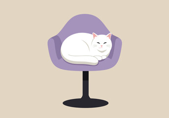 A tranquil white cat is peacefully asleep on a chic purple chair, its soft fur creating a soothing contrast against the chairs sleek design, evoking a sense of calm