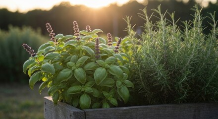Wooden herb garden box filled with basil and rosemary at sunset