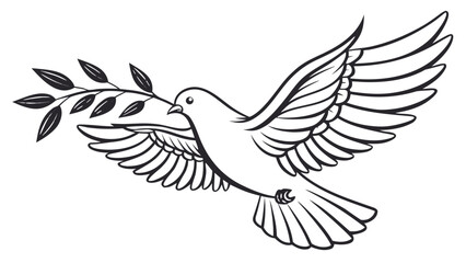 Obraz premium A black and white drawing of a dove in flight holding an olive branch in its beak with outstretched wings