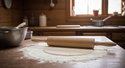 Wooden kitchen table, dough being rolled out