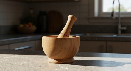 Wooden mortar and pestle on a countertop. Sunlight highlights the natural wood