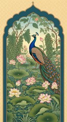 Majestic Peacock in Lush Garden with Lotus Flowers and Traditional Archway Illustration