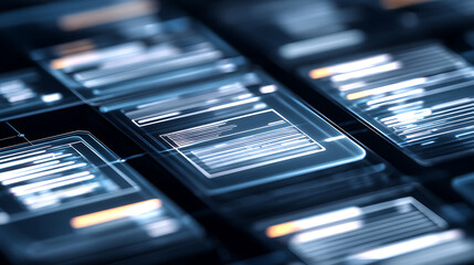 Close-up of futuristic digital interface with glowing data panels and sleek technology design