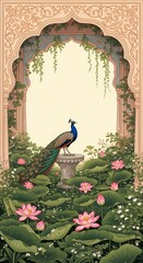 Majestic Peacock in Lush Garden with Ornate Archway Tranquil Indian Landscape Illustration