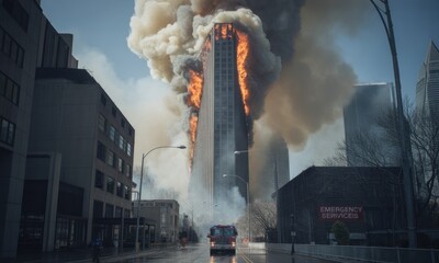 A towering skyscraper engulfed in flames, billowing smoke fills the sky.  Cityscape surrounds the inferno