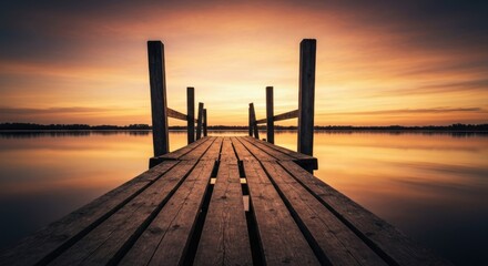 Wooden pier extending into a calm lake at sunset.  Golden hues paint the sky above a still, reflective water surface.  A weathered wooden walkway leads towards the horizon