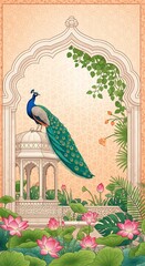 Majestic Peacock in Mughal Garden Archway with Lotus Pond and Lush Tropical Foliage Illustration