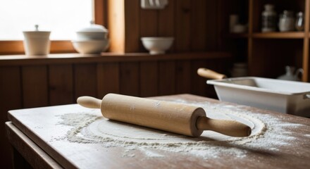 Wooden rolling pin on a floured kitchen counter