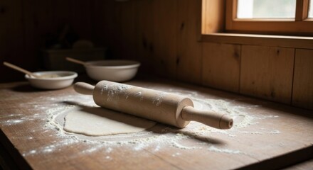 Wooden rolling pin on a rustic kitchen counter, with dough and flour