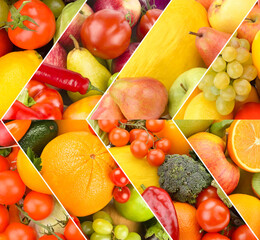 Assorted fresh fruits and vegetables in a vibrant collage.