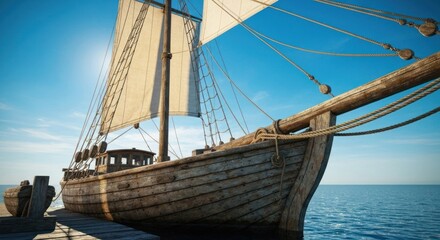 Wooden sailing ship moored at a dock on a sunny day