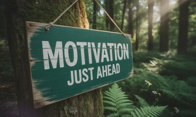 A weathered wooden sign hanging from a tree trunk in a lush forest, displaying the words "Motivation Just Ahead.
