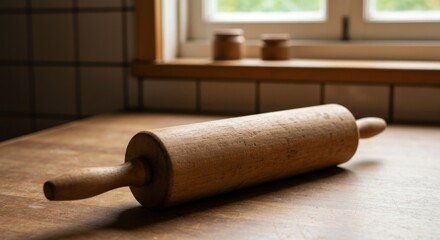 Wooden rolling pin on a kitchen table.  Window in the background