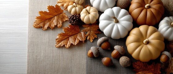 A beautiful display featuring white pumpkins, acorns, and colorful leaves set on soft fabric creates a cozy autumn ambiance