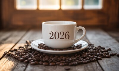 A white coffee cup with the year 2026 printed on it sits on a saucer surrounded by coffee beans on a rustic wooden table. Sunlight streams through a window in the background