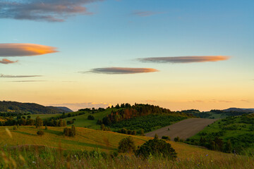 Landscape of the hills on the outskirts of Kamienna Góra during beautiful sunset on a summer afternoon, Lower Silesia, Poland.