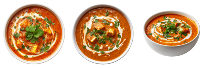 Three bowls of creamy paneer butter masala with fresh cilantro garnish isolated on a transparent background