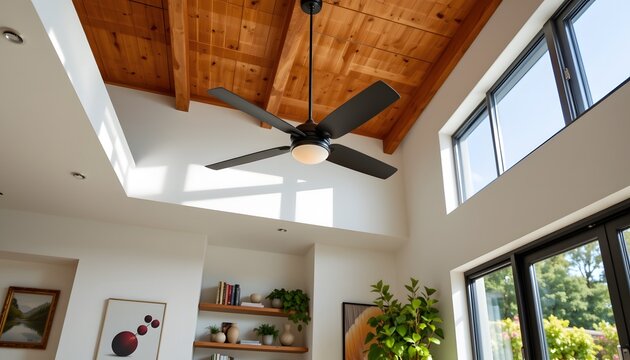 Modern ceiling fan in stylish home interior, providing fort and air circulation, positioned on the left with ample copy space on the right, in lightwave style, under noon sunlight.