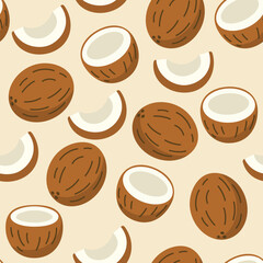 Seamless coconut fruit pattern on beige background