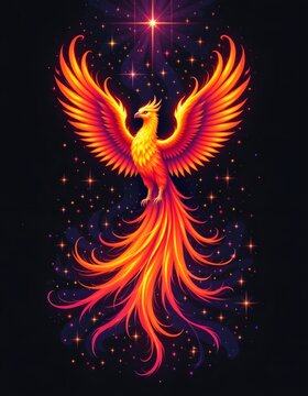 Illustration of a fiery phoenix with burning wings and feathers, symbol of rebirth, positioned at the top with ample copy space below, violet tones under sparkling light on a black background.