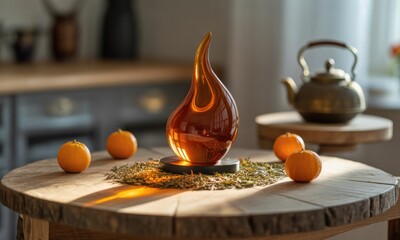 Amber flame sculpture on wooden table, surrounded by tangerines