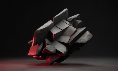 Abstract, fragmented rock form, illuminated by contrasting red and gray light, on a dark gray surface