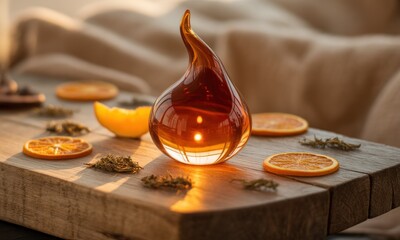Amber glass teardrop orb, bathed in warm sunlight, sits on a rustic wooden board amidst orange slices and dried herbs