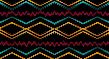 A seamless pattern of colorful tribal zigzag lines on a black background