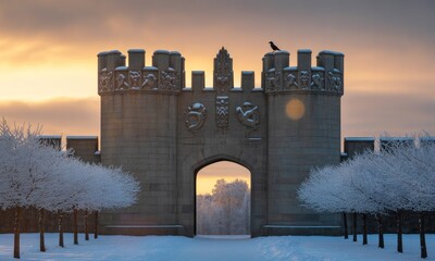 Ancient stone archway, frosted trees, sunrise