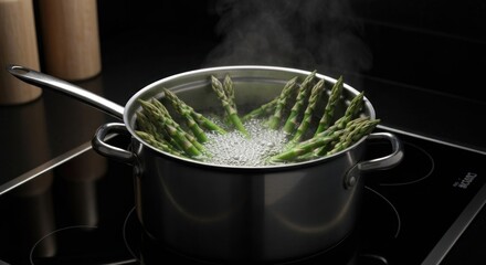 Asparagus steaming in a stainless pot