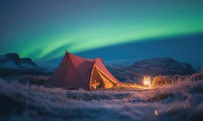 Aurora borealis over a cozy campsite
