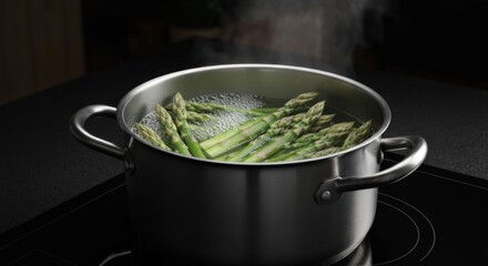 Asparagus being simmered in a pot