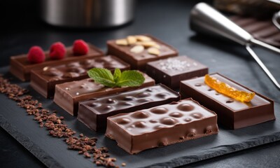 Assorted artisanal chocolate bars on a slate board