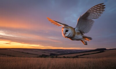 Barn owl in flight at sunset over golden fields