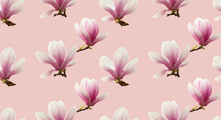 A seamless pattern of delicate magnolia flowers on a soft pink background