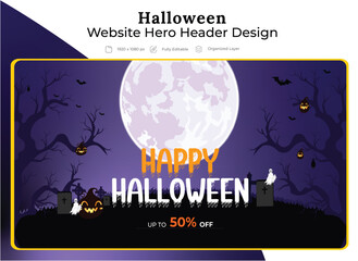 Halloween Sales Website Hero Header Design, Spooky Landing Page Banner, Editable Vector Illustration for Festive Promotion